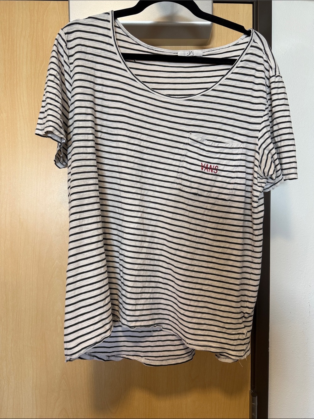 Vans Black & White Striped Pocket Tee with Red Logo